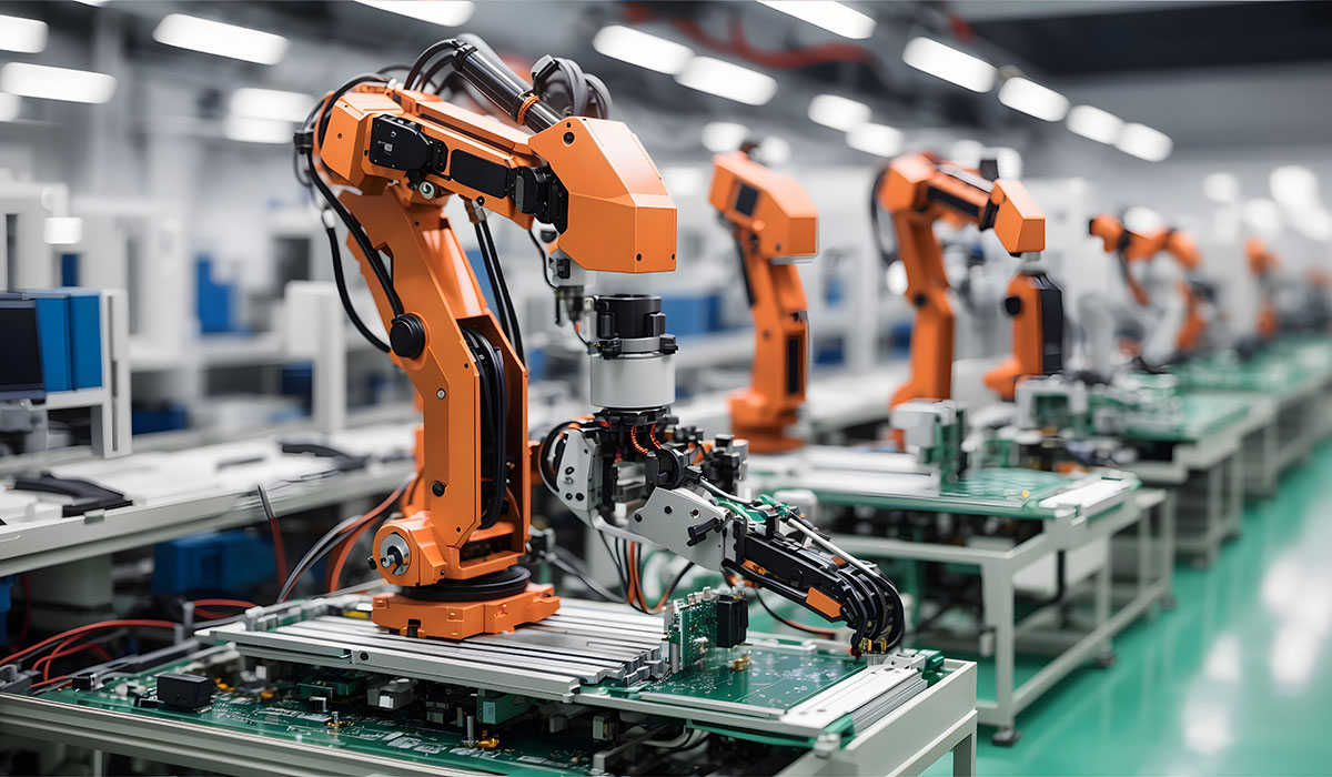 Et moderne produktionsmiljø med en række orange industriel robotarme. Robotterne er placeret langs en samlebånd og er i gang med at arbejde på elektroniske printplader. Deres bevægelser synes at være præcise og koordinerede, hvilket indikerer en automatiseret proces.