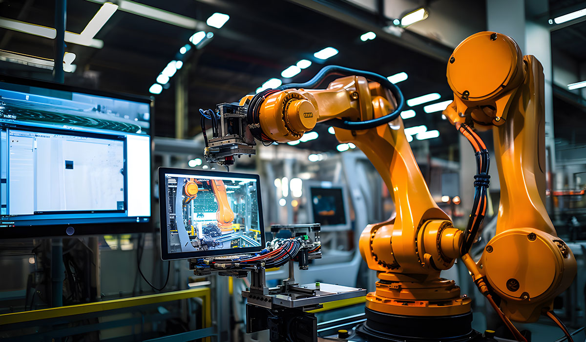 Billedet viser to avancerede industrirobotter i orange og sort farve, der udfører præcisionsarbejde på en fabrik.
